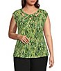 Color:Kiwi Multi - Image 1 - Plus Size Knit ITY Printed Twisted Scoop Neck Cap Sleeve Fitted Blouse