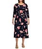 Color:Kasper Navy/Luxe Salmon - Image 1 - Plus Size Stretch Woven Floral Print Scoop Neck 3/4 Sleeve Belted Fit & Flare Midi Dress