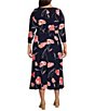 Color:Kasper Navy/Luxe Salmon - Image 2 - Plus Size Stretch Woven Floral Print Scoop Neck 3/4 Sleeve Belted Fit & Flare Midi Dress