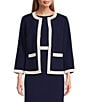 Color:Kasper Navy/Vanilla Ice - Image 1 - Stretch Crepe Woven Round Neck Patch Pocket 3/4 Sleeve Open-Front Framed Coordinating Jacket