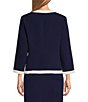 Color:Kasper Navy/Vanilla Ice - Image 2 - Stretch Crepe Woven Round Neck Patch Pocket 3/4 Sleeve Open-Front Framed Coordinating Jacket