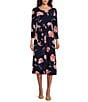 Color:Kasper Navy/Luxe Salmon - Image 1 - Stretch Woven Floral Print Scoop Neck 3/4 Sleeve Belted Fit & Flare Midi Dress