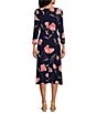 Color:Kasper Navy/Luxe Salmon - Image 2 - Stretch Woven Floral Print Scoop Neck 3/4 Sleeve Belted Fit & Flare Midi Dress