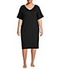 Color:Black - Image 1 - Kate Landry Plus Size Solid V-Neck Short Dolman Sleeve Knit Midi Lounge Dress