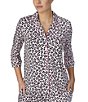 Color:Pink Print - Image 4 - Brushed Jersey Ikat Leopard Print 3/4 Sleeve Notch Collar Coordinating Pajama Set