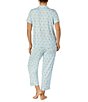 Color:Blue Stripe - Image 2 - Plus Size Lemon Striped Notch Collar Short Sleeve Knit Cropped Pajama Set