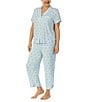 Color:Blue Stripe - Image 3 - Plus Size Lemon Striped Notch Collar Short Sleeve Knit Cropped Pajama Set