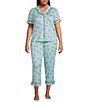 Color:Blue/Pink - Image 1 - Plus Size Printed Short Sleeve Notch Collar Knit Cropped Pant Pajama Set