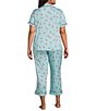 Color:Blue/Pink - Image 2 - Plus Size Printed Short Sleeve Notch Collar Knit Cropped Pant Pajama Set