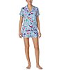 Color:Blue/Print - Image 1 - Short Sleeve Notch Collar Brushed Jersey Short Butterflies & Blooms Print Pajama Set