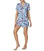 Color:Blue/Print - Image 3 - Short Sleeve Notch Collar Brushed Jersey Short Butterflies & Blooms Print Pajama Set