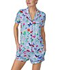Color:Blue/Print - Image 4 - Short Sleeve Notch Collar Brushed Jersey Short Butterflies & Blooms Print Pajama Set
