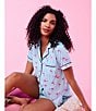 Color:Blue/Pink - Image 5 - Short Sleeve Notch Collar Cozy Jersey Flamingo Print Pajama Set