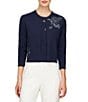 Color:Dark Navy - Image 1 - Carson Knit Floral Embroidered Crew Neck 3/4 Sleeve Front Hook Cardigan