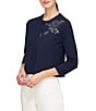 Color:Dark Navy - Image 4 - Carson Knit Floral Embroidered Crew Neck 3/4 Sleeve Front Hook Cardigan