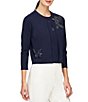 Color:Dark Navy - Image 5 - Carson Knit Floral Embroidered Crew Neck 3/4 Sleeve Front Hook Cardigan