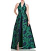Color:Emerald Navy - Image 1 - Floral Jacquard Halter V-Neck with Shawl Collar Sleeveless Walk Through Jumpsuit