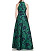 Color:Emerald Navy - Image 2 - Floral Jacquard Halter V-Neck with Shawl Collar Sleeveless Walk Through Jumpsuit
