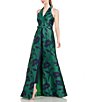Color:Emerald Navy - Image 3 - Floral Jacquard Halter V-Neck with Shawl Collar Sleeveless Walk Through Jumpsuit