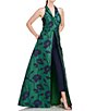 Color:Emerald Navy - Image 4 - Floral Jacquard Halter V-Neck with Shawl Collar Sleeveless Walk Through Jumpsuit