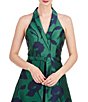 Color:Emerald Navy - Image 5 - Floral Jacquard Halter V-Neck with Shawl Collar Sleeveless Walk Through Jumpsuit