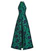 Color:Emerald Navy - Image 6 - Floral Jacquard Halter V-Neck with Shawl Collar Sleeveless Walk Through Jumpsuit