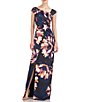 Color:Dark Midnight - Image 1 - Floral Print Asymmetrical Neck Cap Sleeve Ruched Bodice Gown