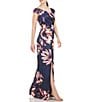 Color:Dark Midnight - Image 3 - Floral Print Asymmetrical Neck Cap Sleeve Ruched Bodice Gown