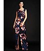 Color:Dark Midnight - Image 4 - Floral Print Asymmetrical Neck Cap Sleeve Ruched Bodice Gown