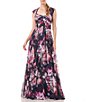 Color:Midnight Multi - Image 1 - Floral Print Chiffon Sweetheart Square Neck Cap Sleeve Pleated Pintuck Gown
