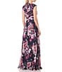 Color:Midnight Multi - Image 2 - Floral Print Chiffon Sweetheart Square Neck Cap Sleeve Pleated Pintuck Gown
