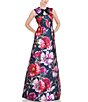 Color:Raspberry - Image 1 - Floral Print Pleated Crew Neck Cut-Out Sleeveless A-Line Gown
