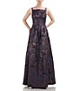 Color:Deep Navy - Image 1 - Metallic Floral Print Sleeveless Square Neck Pleated Gown