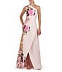 Color:Rose Voile - Image 1 - Stretch Crepe Floral Border Print One Shoulder Sleeveless Gown