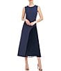 Color:Slate - Image 1 - Stretch Crepe Jewel Neck Sleeveless Pleated Chiffon Underskirt Midi Dress