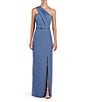 Color:Mediterranean Blue - Image 1 - Stretch Crepe One Shoulder Pleated Back Belted Gown