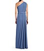 Color:Mediterranean Blue - Image 2 - Stretch Crepe One Shoulder Pleated Back Belted Gown