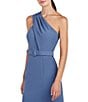 Color:Mediterranean Blue - Image 3 - Stretch Crepe One Shoulder Pleated Back Belted Gown