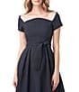 Color:Admiral Blue/Black - Image 4 - Tie Waist Cap Sleeve Pocketed Square Neck Pleated Midi Dress