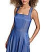 Color:Dark Blue - Image 5 - Denim Square Neck Sleeveless Stitch Detail Criss Cross Back Pleated A-Line Midi Dress