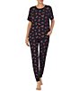 Color:Black/Multi - Image 1 - Knit Floral Dot Print Short Sleeve Round Neck Top & Jogger Pajama Set