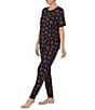 Color:Black/Multi - Image 3 - Knit Floral Dot Print Short Sleeve Round Neck Top & Jogger Pajama Set