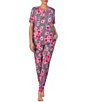 Color:Heather Grey Floral - Image 1 - Knit Floral Print Short Sleeve Round Neck Top & Jogger Pajama Set