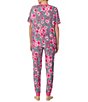 Color:Heather Grey Floral - Image 2 - Knit Floral Print Short Sleeve Round Neck Top & Jogger Pajama Set