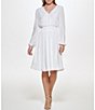 Color:Ivory - Image 1 - Long Puffed Sleeve Pleated Knit V-Neck Smocked Waist A-Line Dress