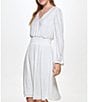 Color:Ivory - Image 3 - Long Puffed Sleeve Pleated Knit V-Neck Smocked Waist A-Line Dress