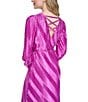 Color:Fuchsia - Image 4 - Pleated Knit Surplice V-Neckline Long Sleeve Faux Wrap Midi Dress
