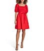 Color:Red - Image 1 - Smocked Square Neck Short Puff Sleeve Tie Waist Mini A-Line Dress