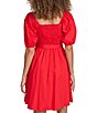 Color:Red - Image 2 - Smocked Square Neck Short Puff Sleeve Tie Waist Mini A-Line Dress