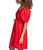 Color:Red - Image 3 - Smocked Square Neck Short Puff Sleeve Tie Waist Mini A-Line Dress